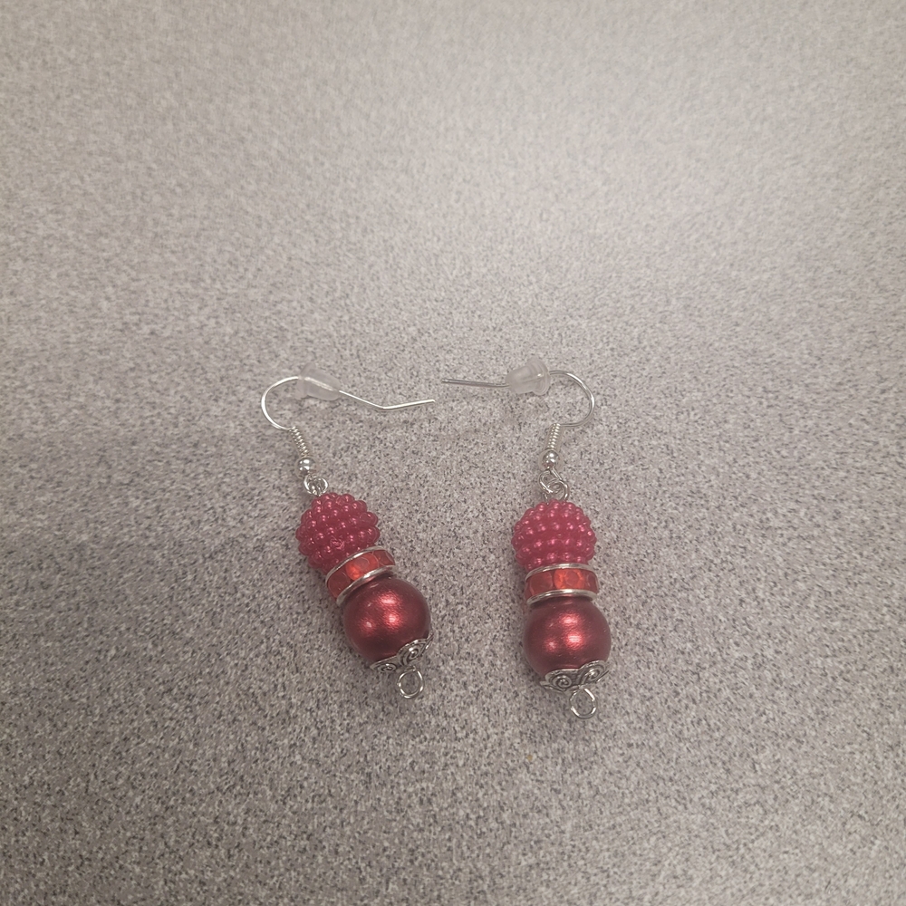Handcrafted 2" Silver Tone Festive Red Holiday BeadedElegant Red Beaded Earrings